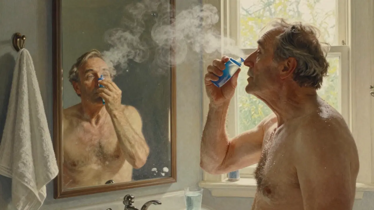 Older man calmly using a neti pot in a bright, sunny bathroom