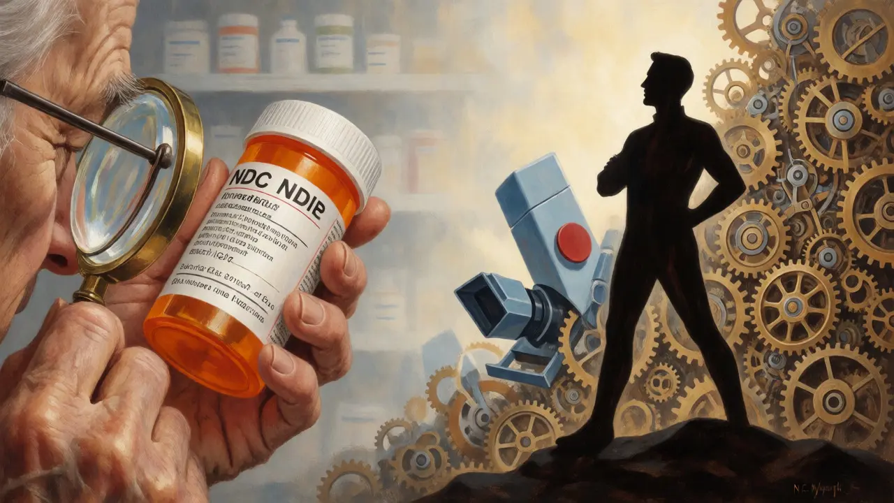 Patient examines prescription bottle and stands ready