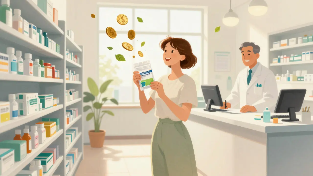 Patient happily holding affordable prescription in bright pharmacy