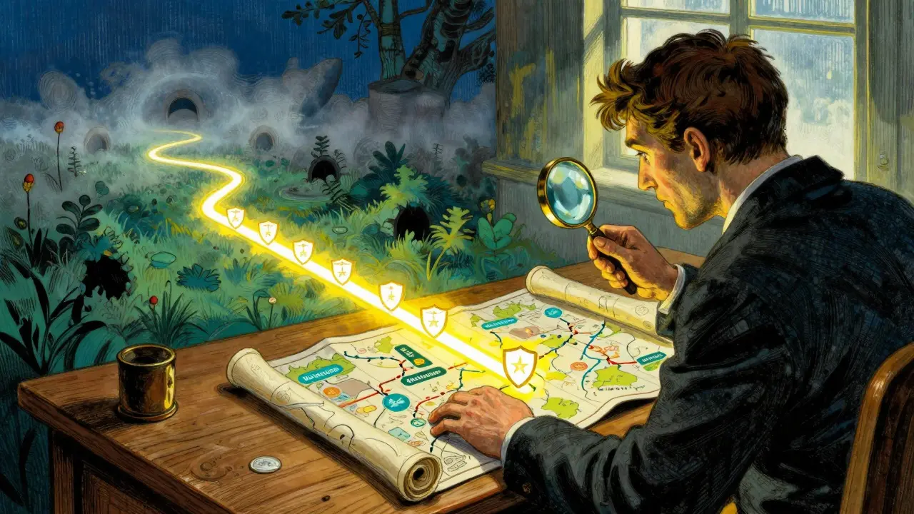 Person checking safe pharmacy paths on a map avoiding traps