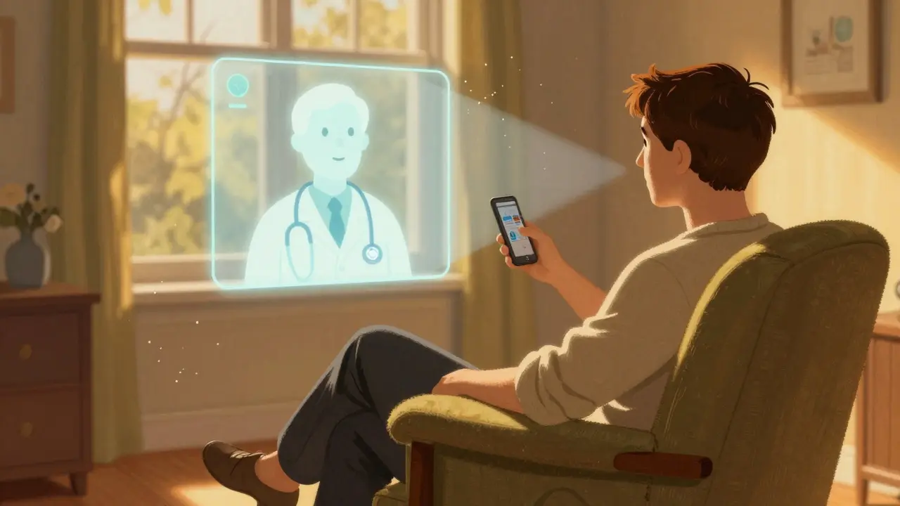 Person having a virtual doctor consultation from home in a warm, illustrative style