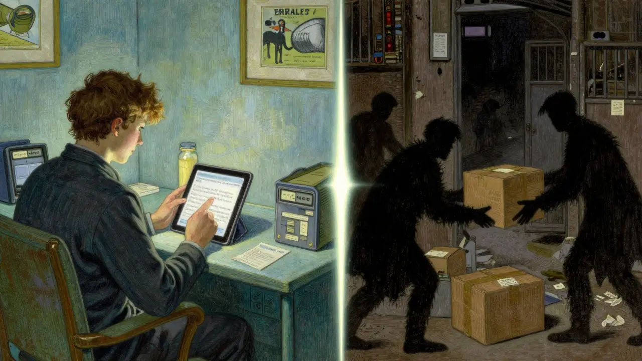 Split view comparing safe telehealth vs risky online buying
