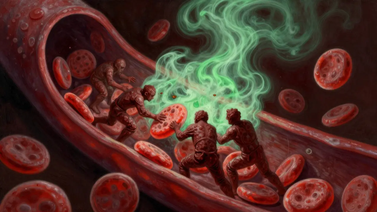 Stylized illustration of platelets inhibited by green mist in a vein