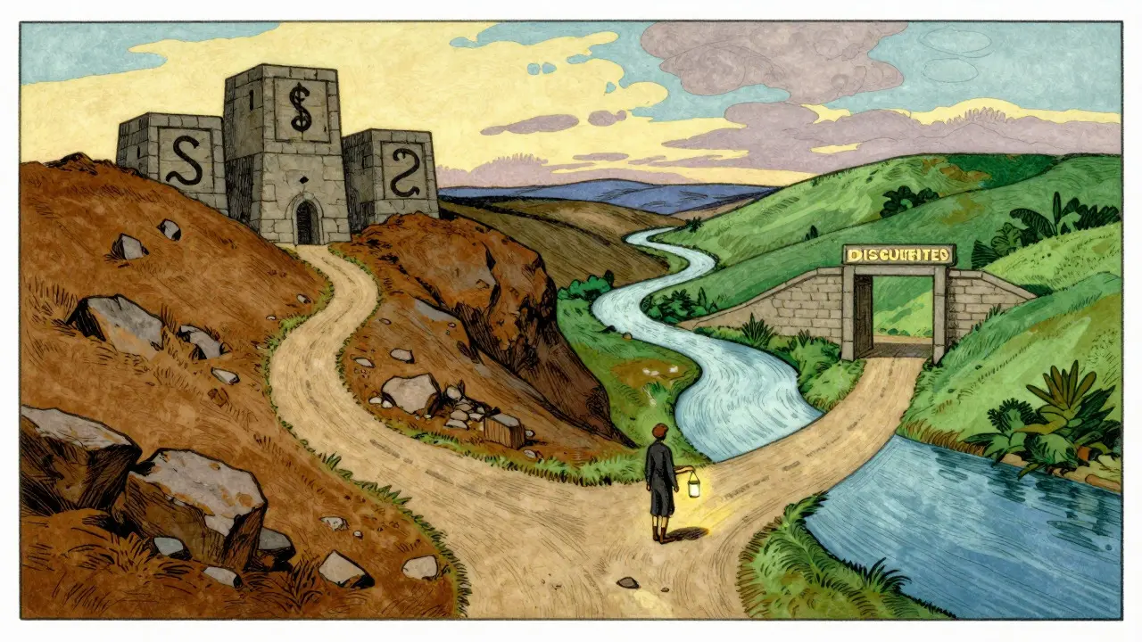 Stylized landscape showing a choice between a rocky expensive path and a safe valley