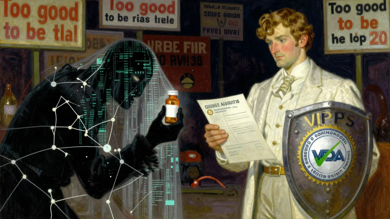 Symbolic illustration of verified pharmacy shield protecting against counterfeit drugs