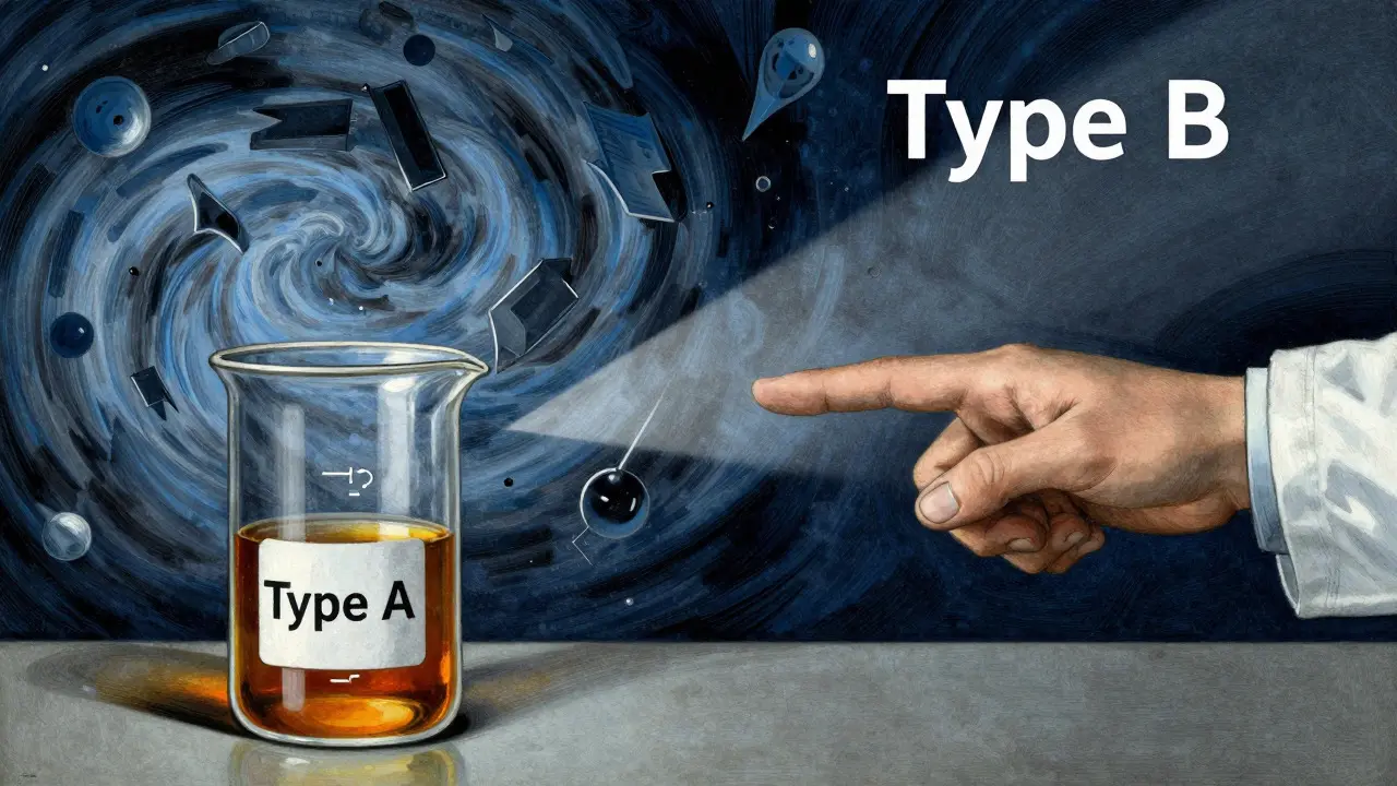 Visual comparison of predictable Type A and unpredictable Type B drug reactions