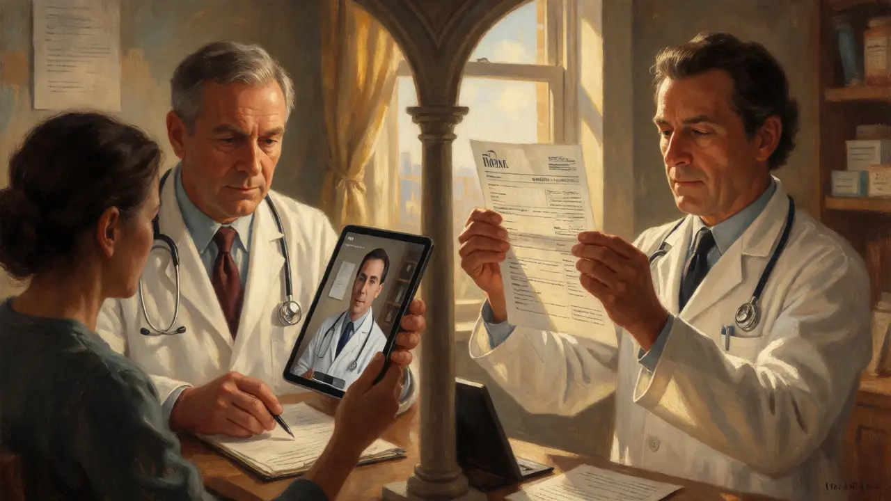 Doctor consulting patient and pharmacist checking prescription