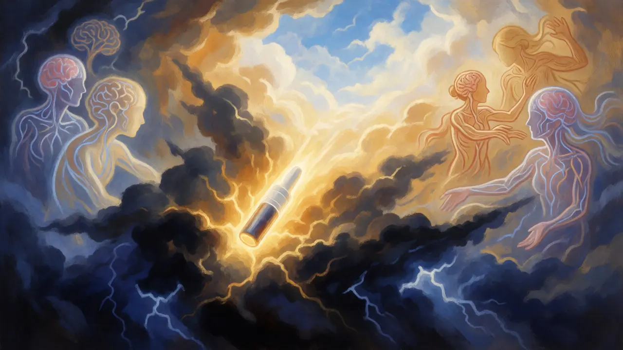Glowing medication piercing through storm clouds symbolizing rapid relief